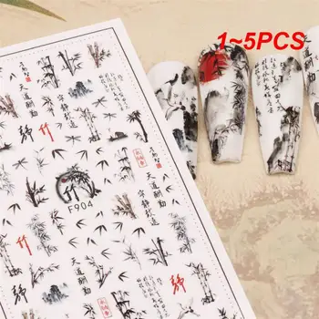 1~5 KS Čínske Znaky na Nechty, Nálepky Akvarel Kvety Bambusových Listov Jazdcov Moutain Žeriav Vtákov Obtlačky Písmená Manikúra Fólie