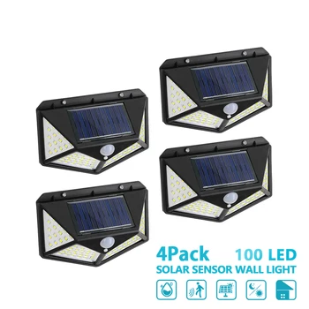 4Pack 100 LED Solárne Nástenné Svietidlo Všetkých Strán Svetelný Senzor Pohybu Ľudskej Indukčné Nádvorie Nepremokavé Schody Vonkajšie Nástenné svietidlo
