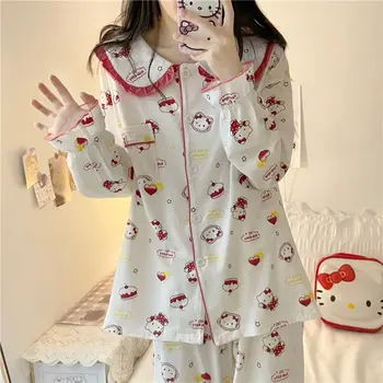 Nové Sanrios Dobrý deň, Kittys Pyžamo dámske Oblečenie Kawaii Dievčenskú Srdce Anime, Komiksu, Dlhé Rukávy Študent Domáce oblečenie Nightgown Oblek