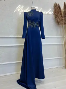 Funyue Kráľovská Modrá Dubaj Moslimských Večerné Šaty Vysoká Krku Plné Rukávy Arabčina Formálne Prom Šaty Žien Vestidos De Fiesta 2024 Nové