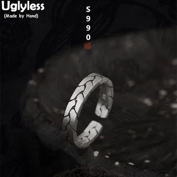 Uglyless Reálne 990 Jemné Strieborné Šperky Crack Textúra Ženy Ročník Otvorenia Krúžky Jednoduché Módy Väzbe Twisted Krúžok Etnických Bijoux