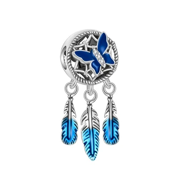 925 Sterling Silver Bear Dream Catcher Modré Pierko Motýľ Kúzlo Fit Pôvodné Pandora Prívesky Náramky Ženy DIY Šperky Darček