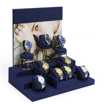 Modrá mikrovlákna kovové hodinky zobrazenie rekvizity, živé vysielanie zobrazenie okna, sledovať partie, hodinky, náramok, šperky zobraziť rack