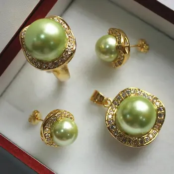 ušľachtilý šperky set 18KGP+10 mm zelená shell perly,prsteň, prívesok & stud náušnice jade