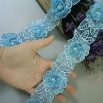 10 X Blue Pearl Šifón Kvet Vyšívané Čipky Orezania Pása S Nástrojmi Kvetinový Nášivka Textílie Ručné Svadobné Šaty, Šitie Plavidlá