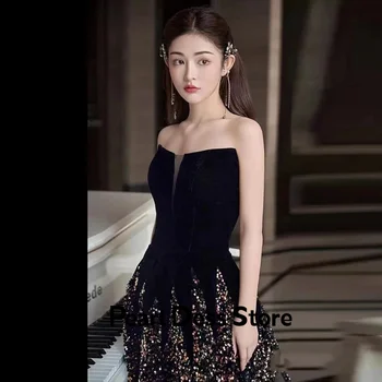 Luxusné čierne večerné šaty bez ramienka Žien loď krku A-tvarované lesklé flitre Formálnej strany Módne šaty