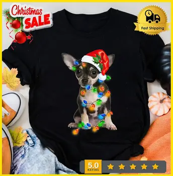 Black Chihuahua Vianočné Svetlo Zábavné Psa Vianočný Strom T-Shirt