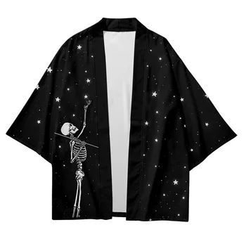 Plus Veľkosť XXS-6XL Čierna Kostra Voľné Japonský Streetwear Cardigan Ženy Muži Harajuku Haori Kimono Cosplay Top Yukata Oblečenie