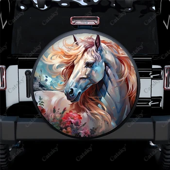 Akvarel Bielom Koni Vzor Polyester Univerzálne Pneumatiky, rezervné Koleso Kryt Kryty Kolies pre Príves RV SUV Truck Camper