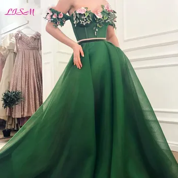 Mimo Rameno Ručné Kvety A-Line Dlho Prom Šaty Smaragdovo Zelená Dubaj arabčina Šaty pre Ženy Strany Svadobný Večer