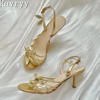Zlato Petal Leaf Originálne Kožené Sandále Otvorené Prst Vysokým Podpätkom Zadný Popruh Dámske Topánky Luxusné Strany Stiletto Sandál