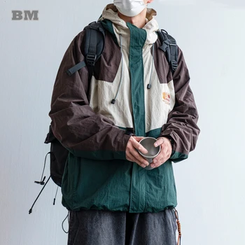Japonský Streetwear Kontrast Farieb Patchwork Bežné Bunda Pre Mužov Harajuku Trendy Mikina S Kapucňou Vonkajšie Kórejský Módne Kabát Muž