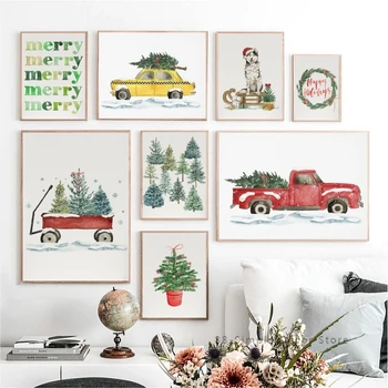 Vianočný Stromček Truck Darček Wall Art Plátno Na Maľovanie Nordic Plagáty A Vytlačí Veselé Vianoce Miestnosti Dekorácie Obrázky