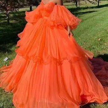 Elegantné Fire Orange Viazané Tutu Šaty Ples 2023 Prom Šaty S Lístkového Plné Rukávy Ramena Party Šaty Vestido Formatura