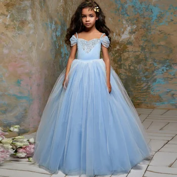 Kvetina Dievča Šaty Modrej Tylu Opuchnuté Strapec Crystal Mimo Shoulden Dlhé Šaty Na Svadby, Narodeniny Večer Banquet Princezná Šaty
