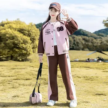 Dievčenské Príčinné Stanovuje Dva Kusy Baseball Jacket Singel Svojim Širokú Nohu Nohavice Voľné 2023 Jar Jeseň Fashion Kórejský 5-12 Rokov