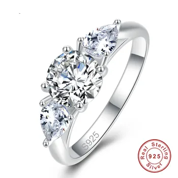 100% 925 Sterling Silver Ring Pre Ženy Romantické Kolo Biela CZ Snubné prstene Zásnubné Waterdrop Prírodného Kameňa Prstene, Šperky