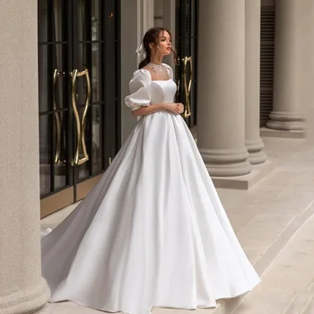 Elegantné Saténové Svadobné Šaty Pre Ženy, Výška Golier Riadok Lístkového Rukávy Svadobné Šaty 2024 Vestidos De Novia S Sweep Vlak
